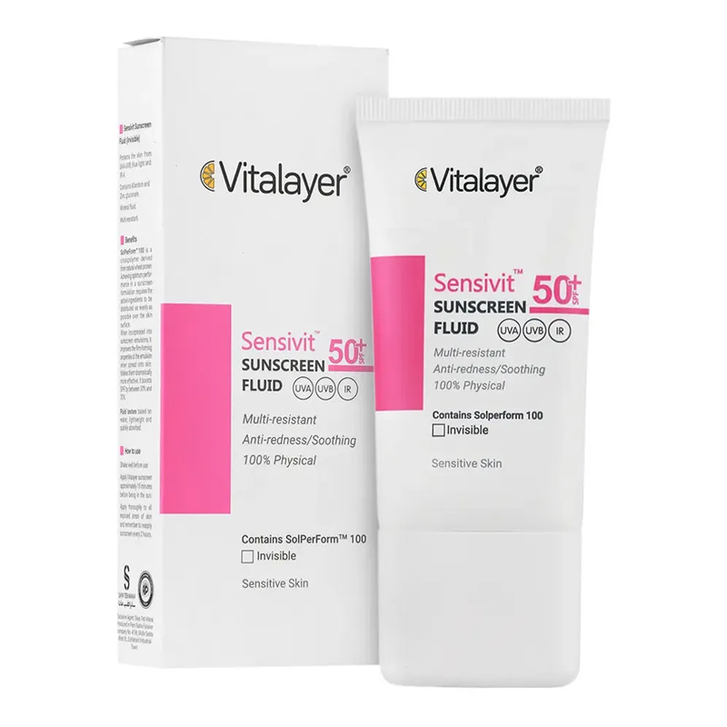 فلوئید ضد آفتاب بی رنگ مدل sensitive ویتالیر SPF50